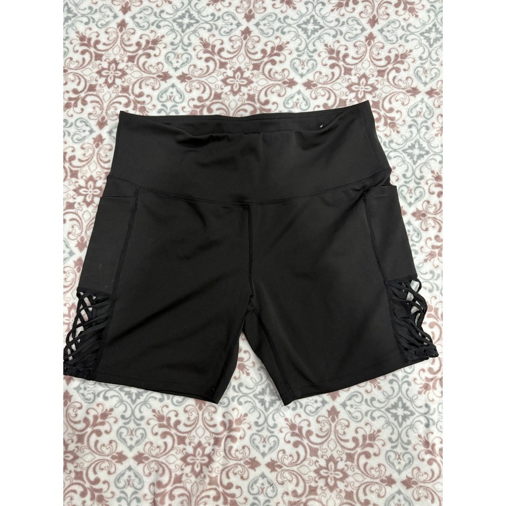 O to S Black High Waisted Biker Shorts 2X Lattice Cutout Side Pockets YP7015